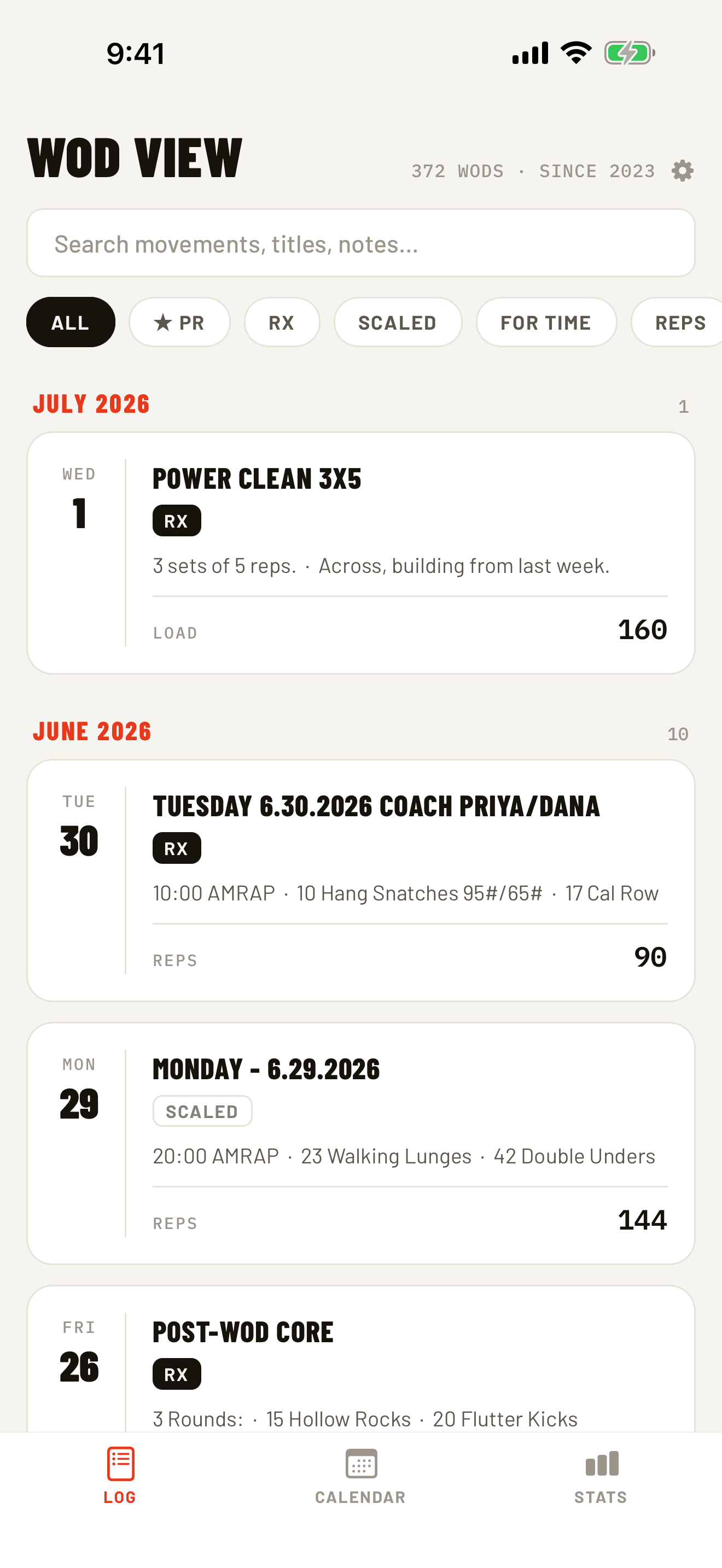 WOD View searchable workout log